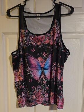 Black Floral Butterfly Tank Top with Pink & Blue Accent
